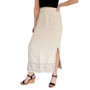 British Khaki natural tan 100% linen embroidered high rise maxi skirt size 6